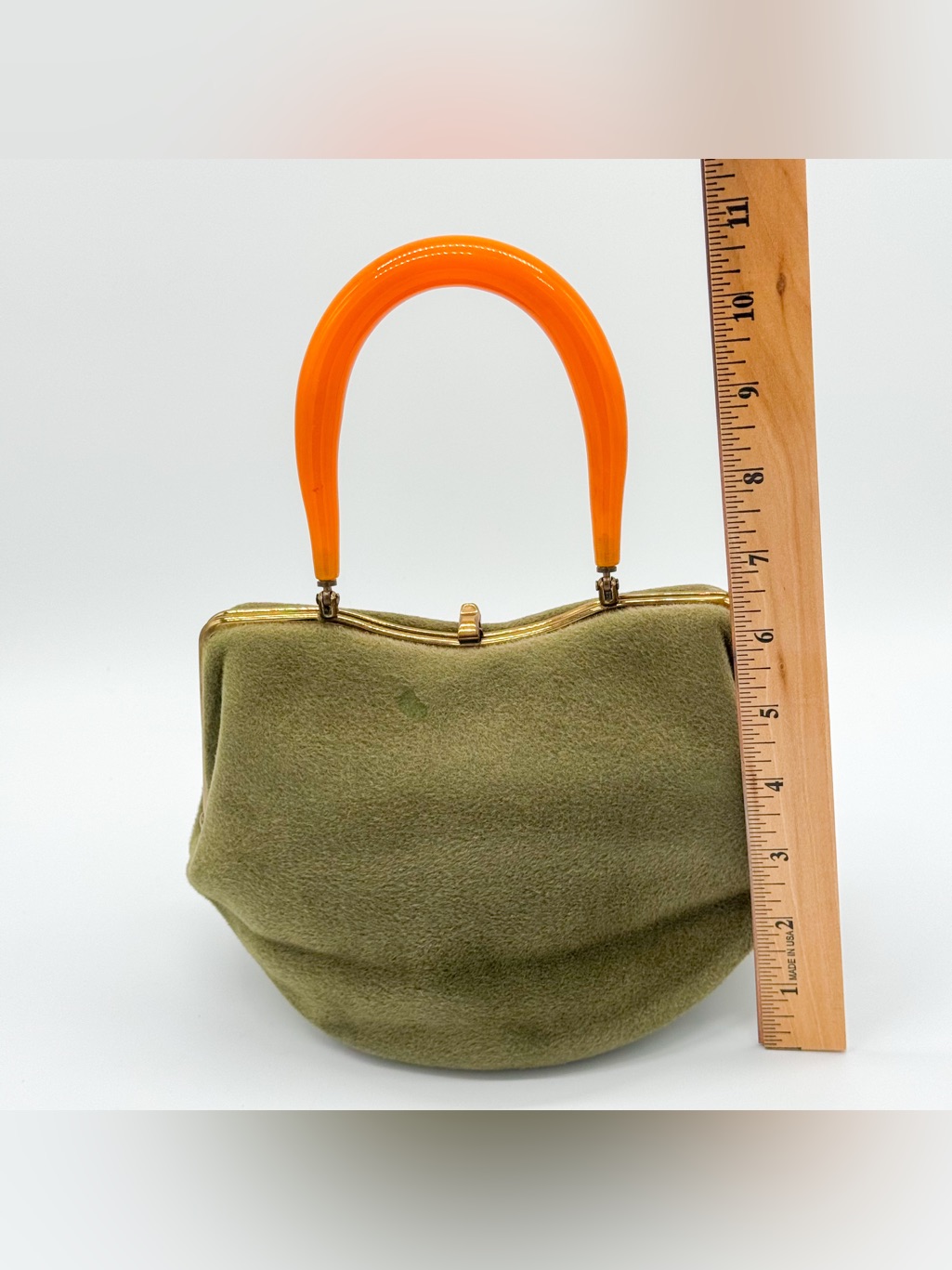 Vintage Morris Moskowitz Mm Olive Green Felt Handbag Orange Lucite Handle Mcm — image 4 of 8